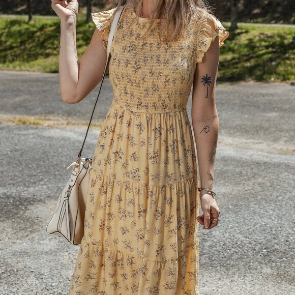 B265 Yellow Boho Floral Print Ruffle Smocked Flowy Summer Dress - Picture 5 of 12